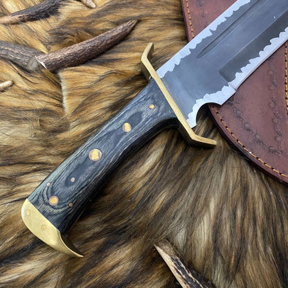 Heritage Forge 16 Inch Carbon Steel Bowie Knife with Fired Pakka Wood Handle for Hunting and Survival