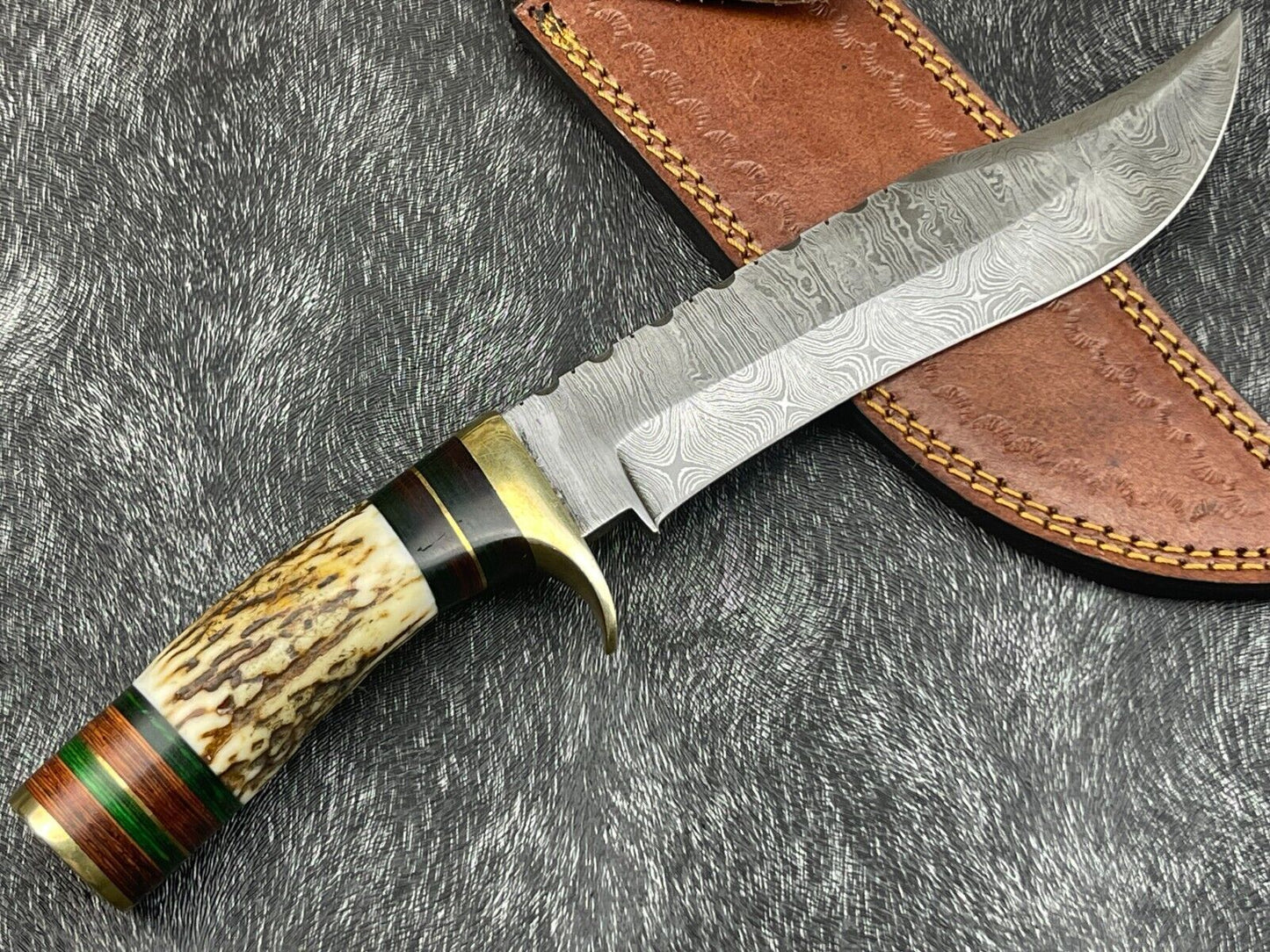 12" Damascus Bowie Knife – Stag Horn & Hardwood Handle