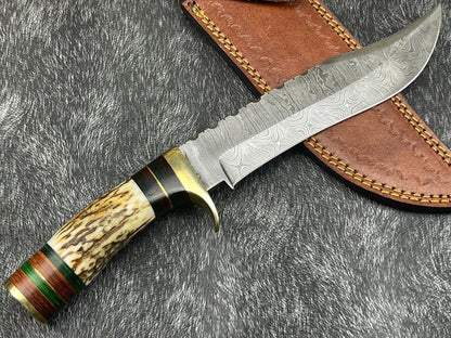 12" Damascus Bowie Knife – Stag Horn & Hardwood Handle