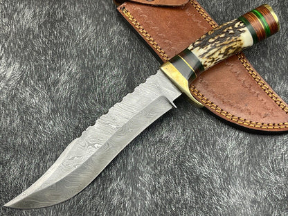 12" Damascus Bowie Knife – Stag Horn & Hardwood Handle