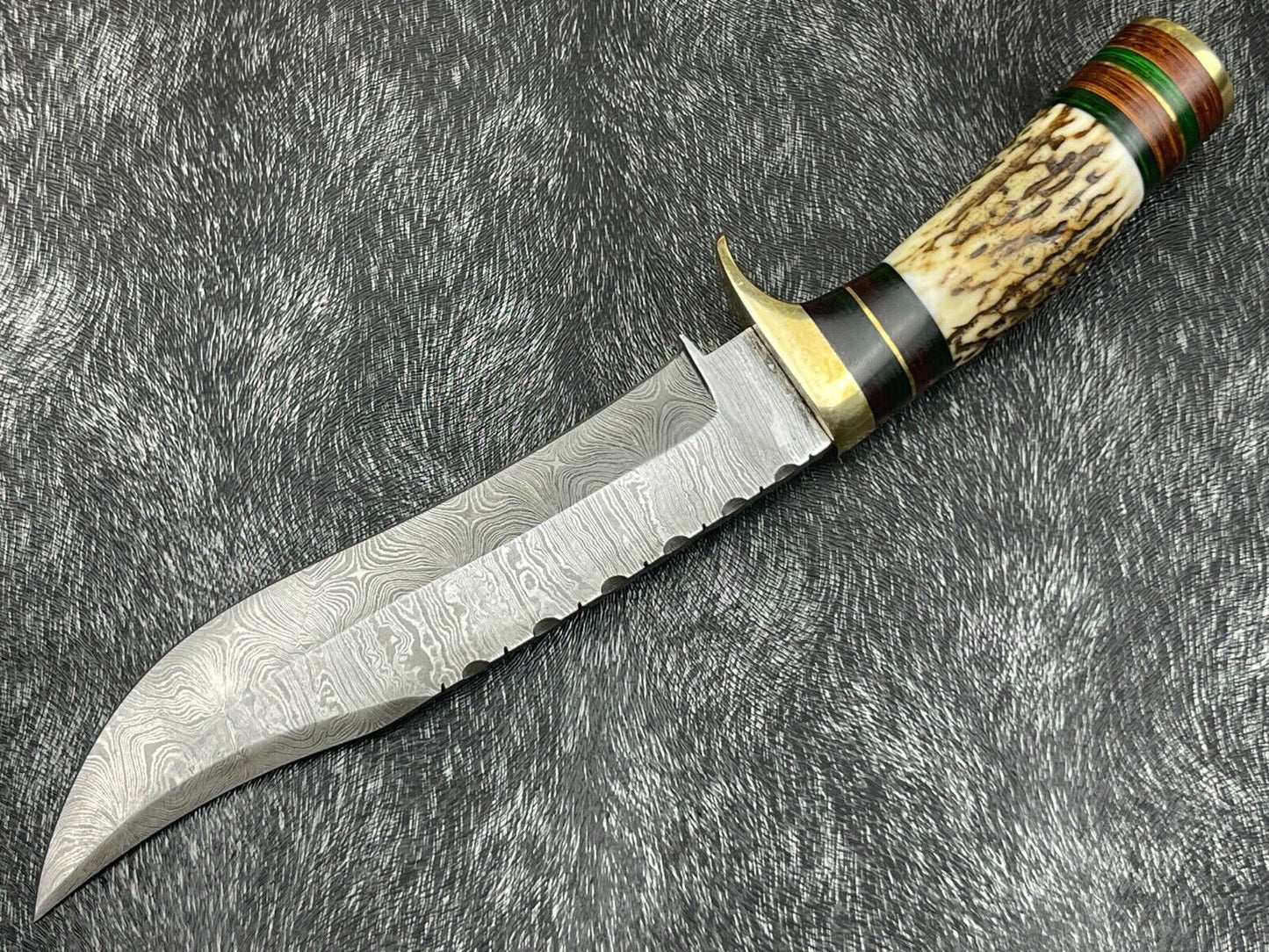 12" Damascus Bowie Knife – Stag Horn & Hardwood Handle