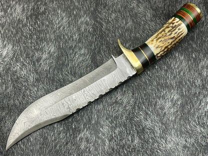 12" Damascus Bowie Knife – Stag Horn & Hardwood Handle