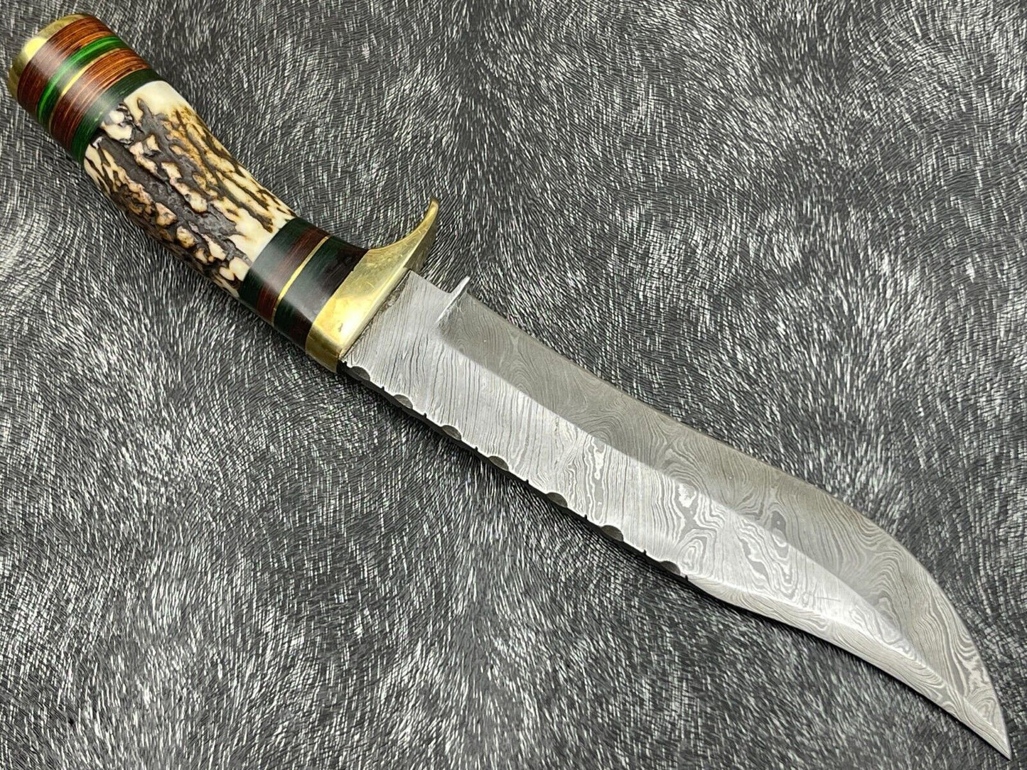 12" Damascus Bowie Knife – Stag Horn & Hardwood Handle