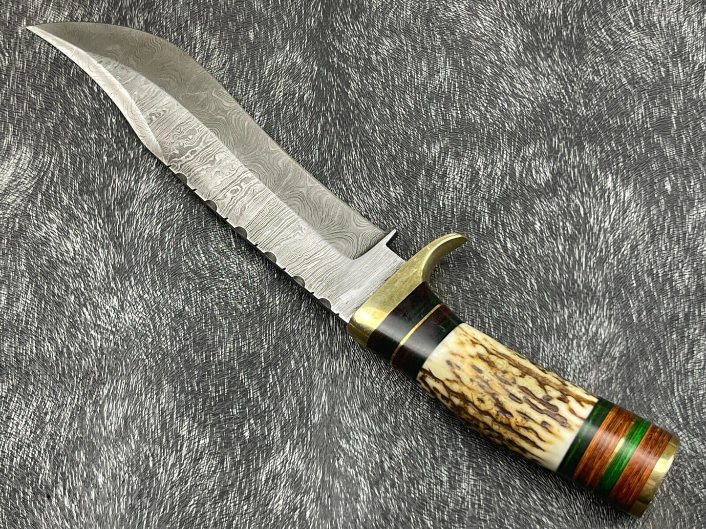 12" Damascus Bowie Knife – Stag Horn & Hardwood Handle