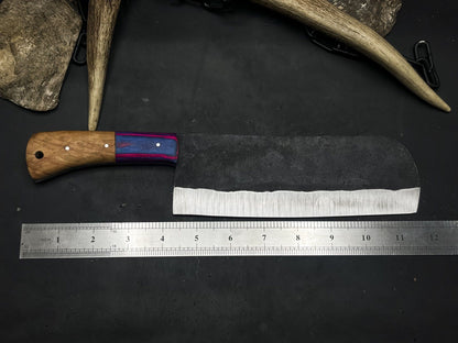 Handmade Carbon Steel Kitchen Chef Cleaver Knife with Resin Handle & Cow Leather Sheath