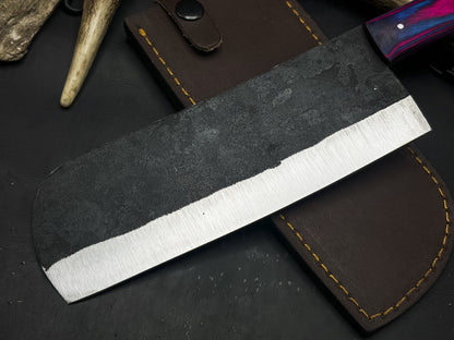 Handmade Carbon Steel Kitchen Chef Cleaver Knife with Resin Handle & Cow Leather Sheath