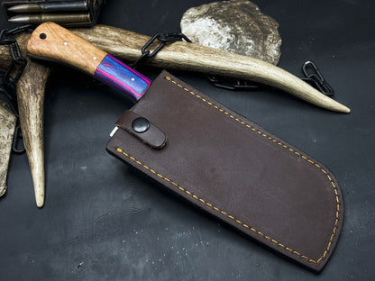 Handmade Carbon Steel Kitchen Chef Cleaver Knife with Resin Handle & Cow Leather Sheath