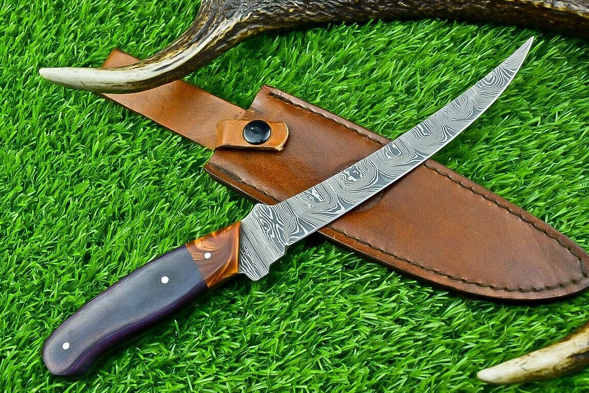 Hand Forged Damascus Steel Fillet Knife – Handmade Kitchen Chef Knife with Resin & Natural Wood Handle, 11.5" Blade