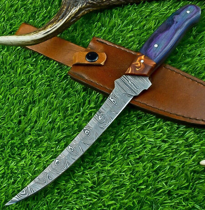 Hand Forged Damascus Steel Fillet Knife – Handmade Kitchen Chef Knife with Resin & Natural Wood Handle, 11.5" Blade