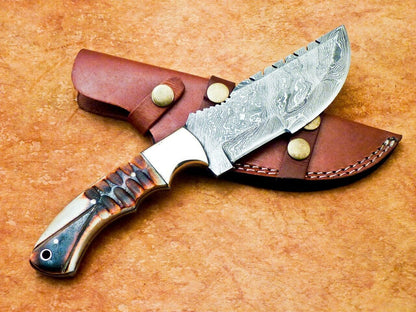 10" Custom Damascus Tracker Bowie Knife – Engraved Camel Bone & Brass Bolster