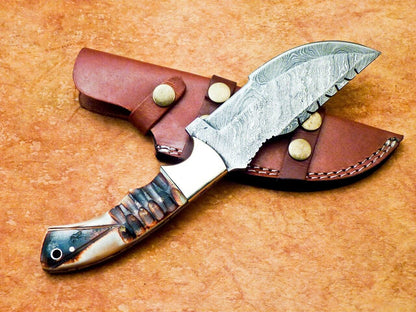 10" Custom Damascus Tracker Bowie Knife – Engraved Camel Bone & Brass Bolster