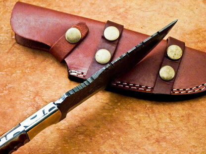 10" Custom Damascus Tracker Bowie Knife – Engraved Camel Bone & Brass Bolster