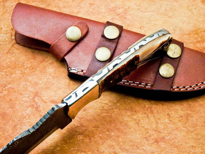 10" Custom Damascus Tracker Bowie Knife – Engraved Camel Bone & Brass Bolster