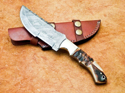 10" Custom Damascus Tracker Bowie Knife – Engraved Camel Bone & Brass Bolster