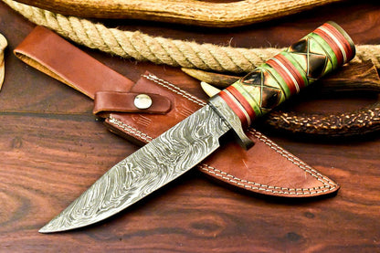 12" Damascus Bowie Knife – Camel Bone Handle & Leather Sheath