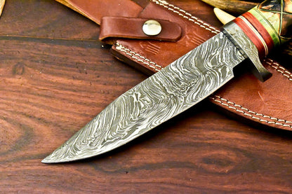 12" Damascus Bowie Knife – Camel Bone Handle & Leather Sheath