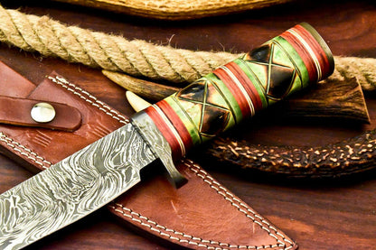 12" Damascus Bowie Knife – Camel Bone Handle & Leather Sheath