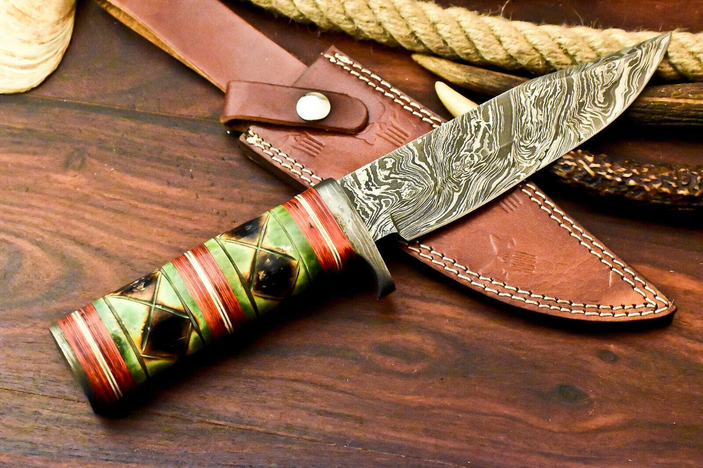 12" Damascus Bowie Knife – Camel Bone Handle & Leather Sheath