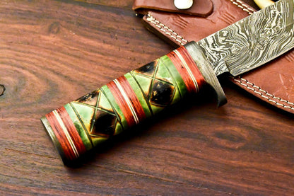12" Damascus Bowie Knife – Camel Bone Handle & Leather Sheath