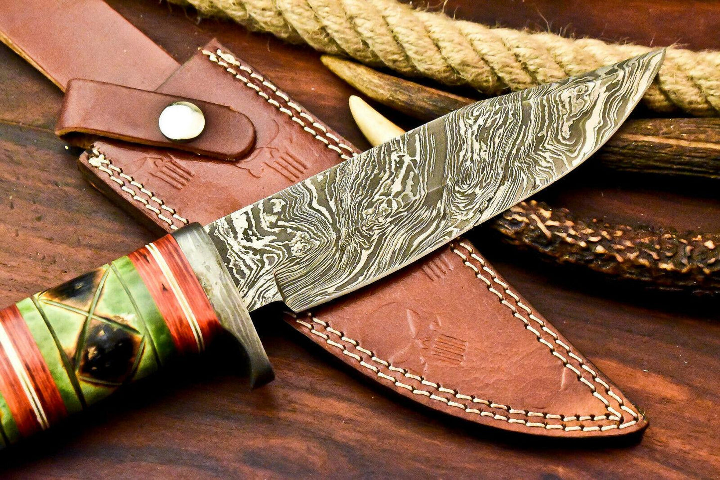 12" Damascus Bowie Knife – Camel Bone Handle & Leather Sheath