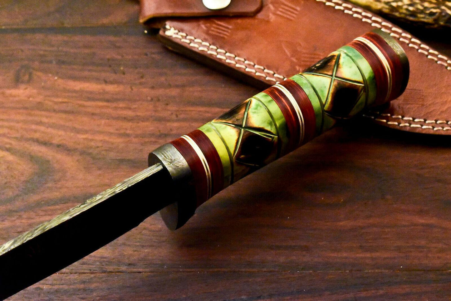 12" Damascus Bowie Knife – Camel Bone Handle & Leather Sheath
