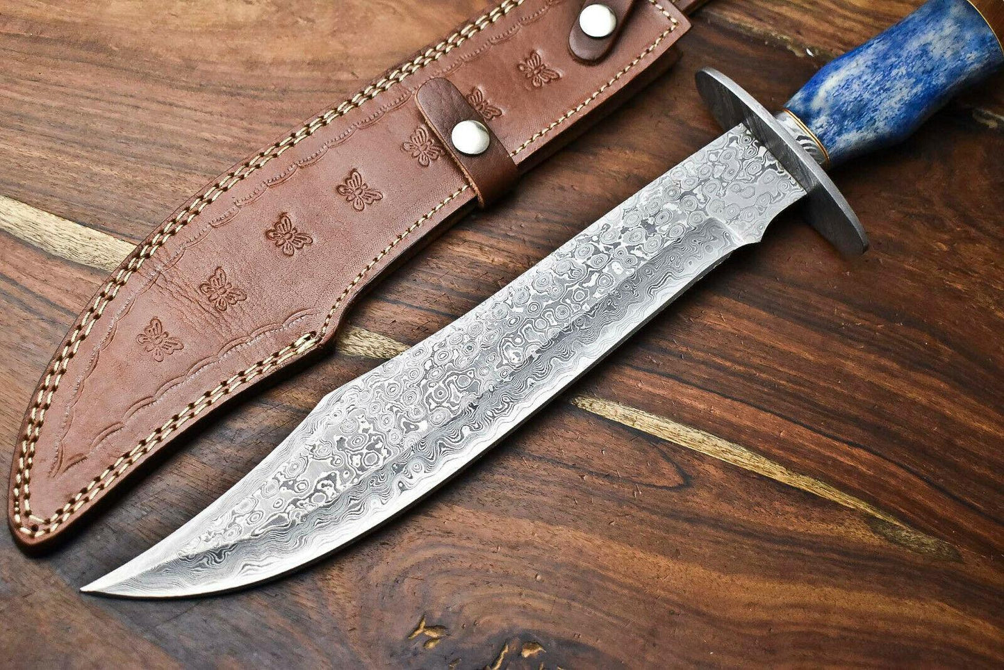 Heritage Forge 17" Damascus Steel Bowie Hunting Knife with Camel Bone Handle