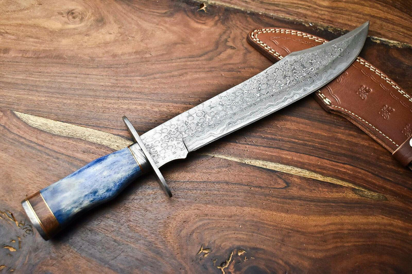 Heritage Forge 17" Damascus Steel Bowie Hunting Knife with Camel Bone Handle