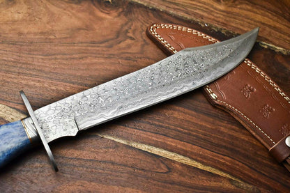 Heritage Forge 17" Damascus Steel Bowie Hunting Knife with Camel Bone Handle