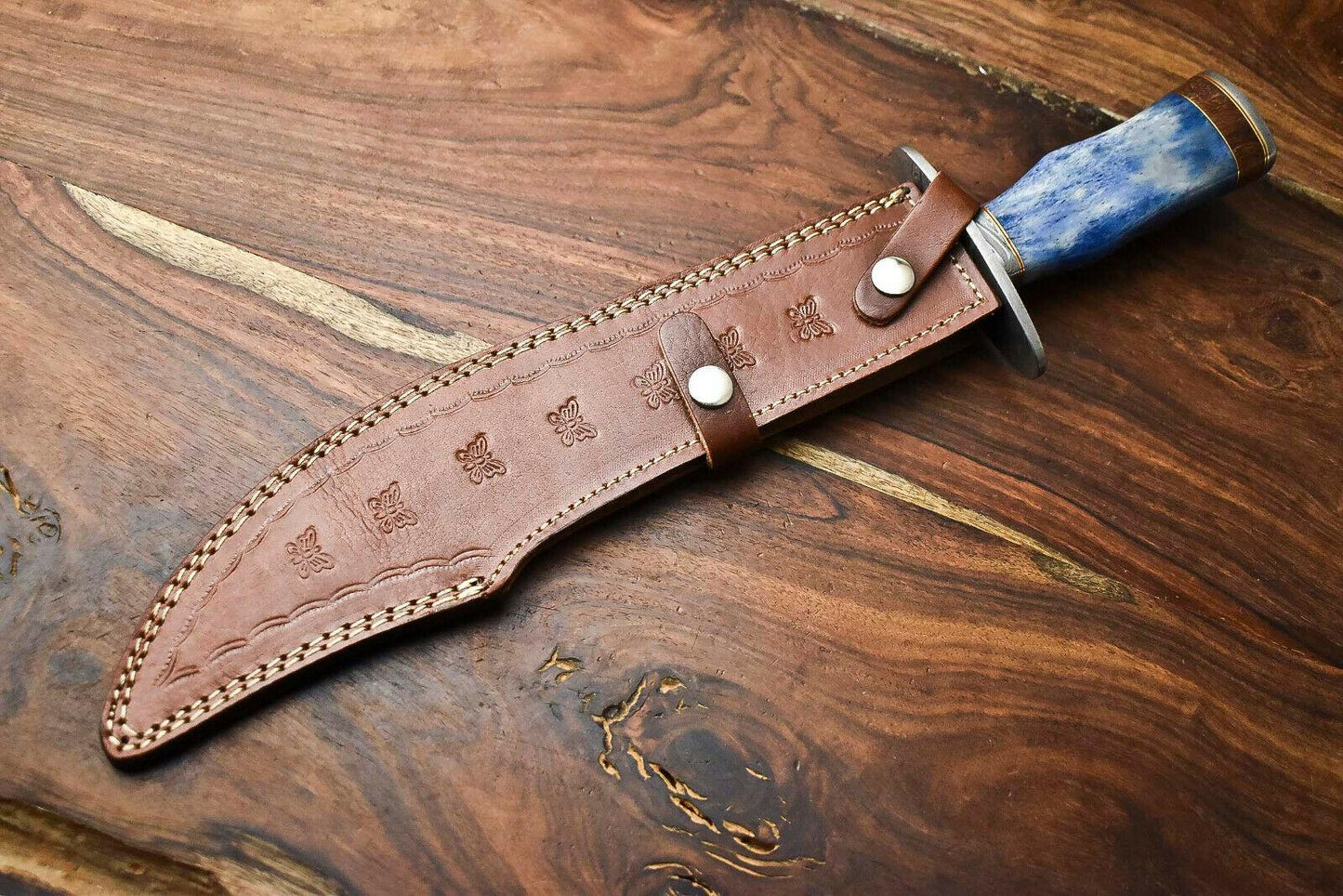 Heritage Forge 17" Damascus Steel Bowie Hunting Knife with Camel Bone Handle