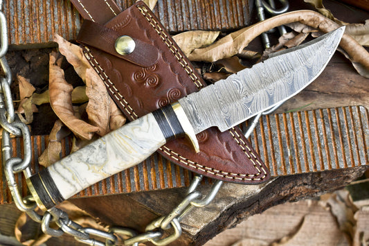 Custom Forged 8 Inch Skinner Knife Twist Damascus Micarta Handle Brass Guard Rare w/ Leather Sheath