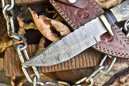 Custom Forged 8 Inch Skinner Knife Twist Damascus Micarta Handle Brass Guard Rare w/ Leather Sheath
