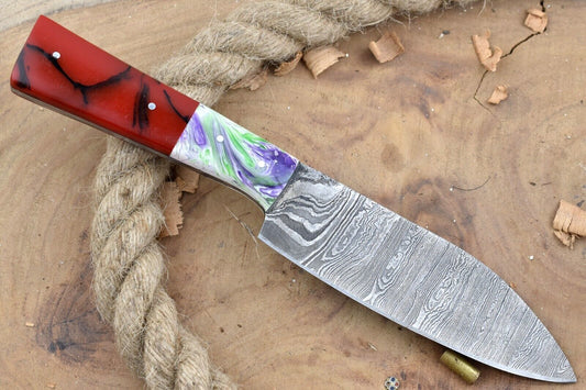 Custom Handmade Damascus Steel Chef Knife – 9.5" Kitchen Knife with 5" Blade & Multi Resin Handle