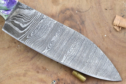 Custom Handmade Damascus Steel Chef Knife – 9.5" Kitchen Knife with 5" Blade & Multi Resin Handle