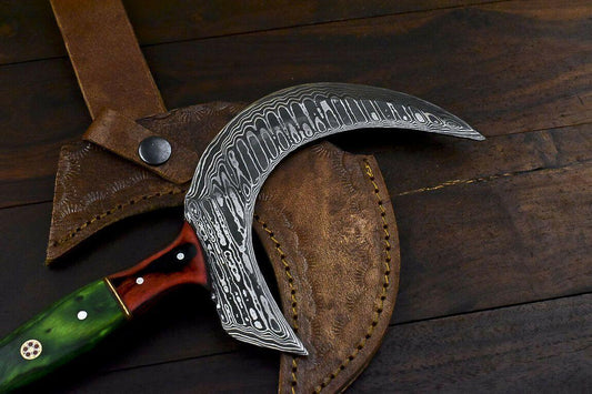 Handmade Damascus Steel Hunting Axe Knife Hard Wood Handle Clever Chopper with Leather Sheath