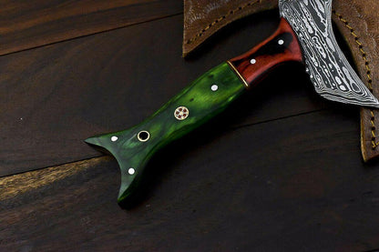Handmade Damascus Steel Hunting Axe Knife Hard Wood Handle Clever Chopper with Leather Sheath