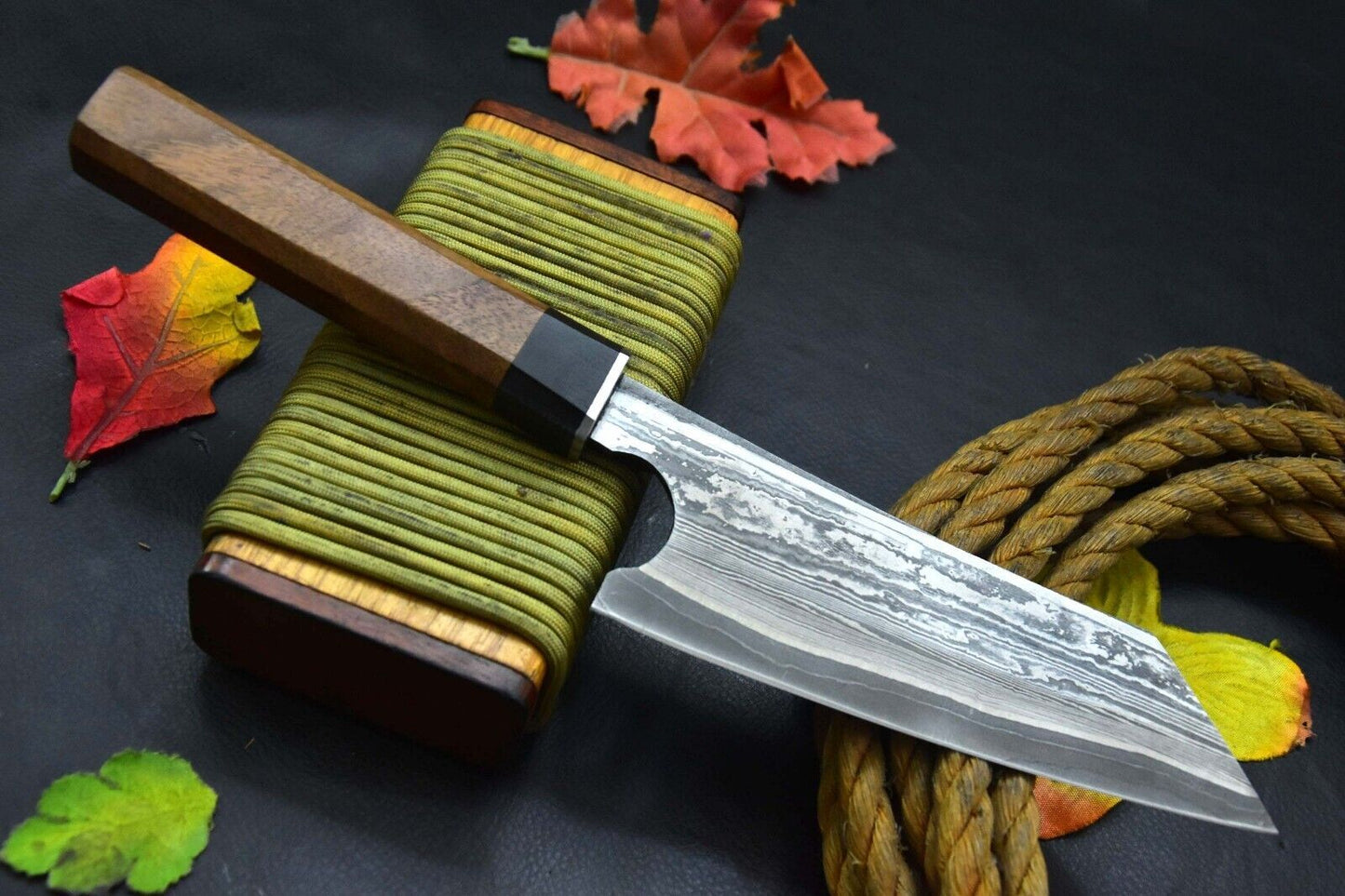 Custom 12.2" Handmade San Mai Damascus Steel Chef Knife – Walnut & Resin Handle with Leather Sheath