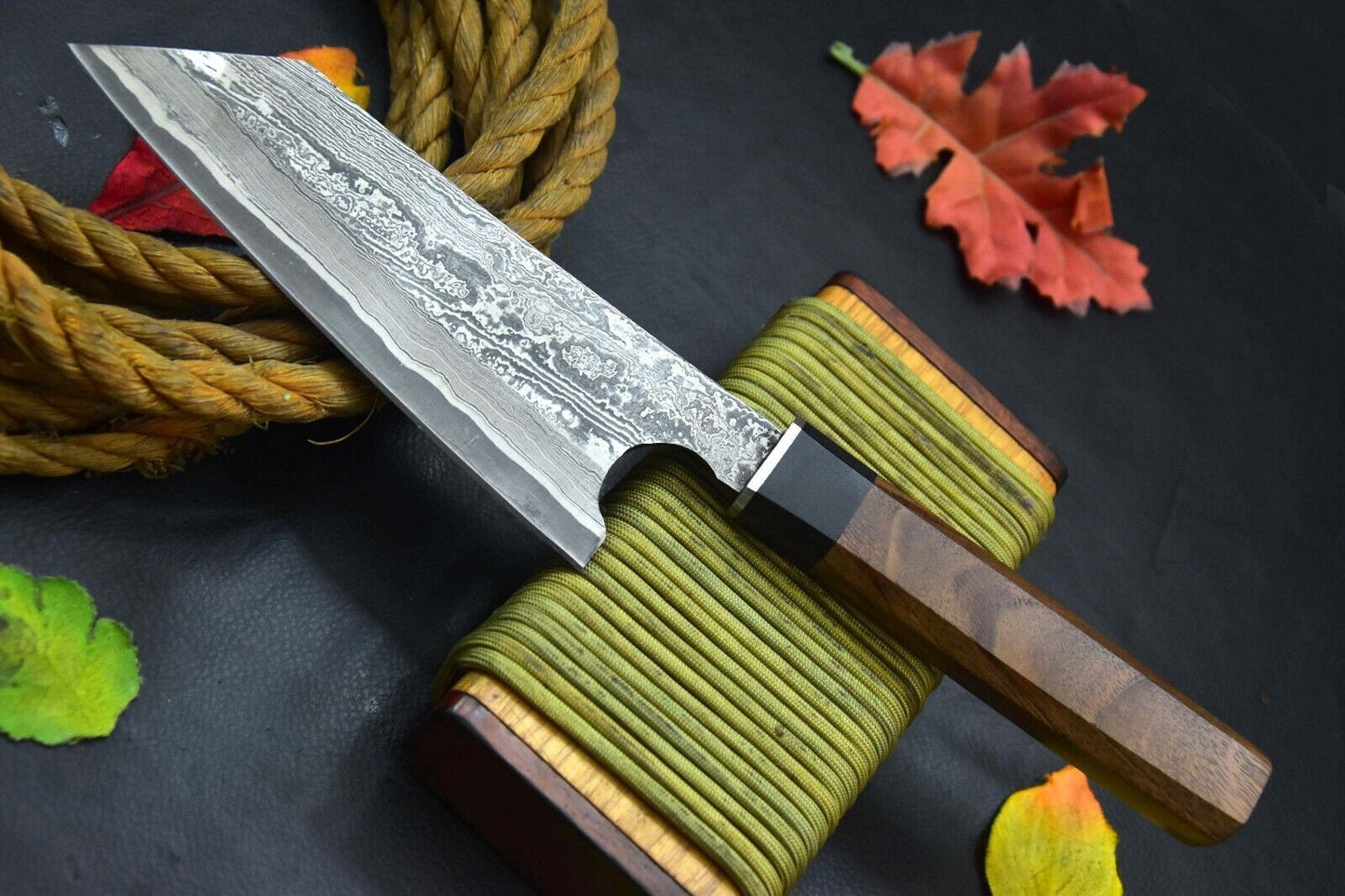 Custom 12.2" Handmade San Mai Damascus Steel Chef Knife – Walnut & Resin Handle with Leather Sheath