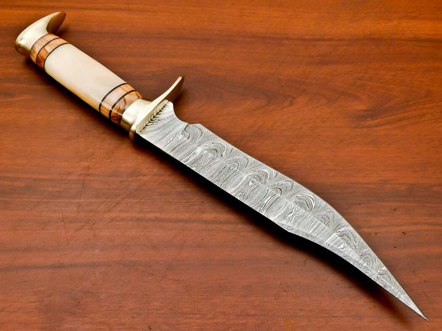 14" Large Damascus Steel Bowie Knife – Olive Wood & Camel Bone Handle with Leather Sheath
