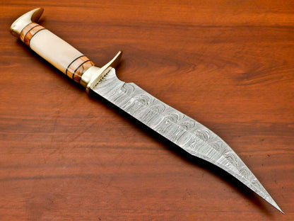 14" Large Damascus Steel Bowie Knife – Olive Wood & Camel Bone Handle with Leather Sheath