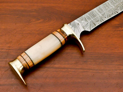 14" Large Damascus Steel Bowie Knife – Olive Wood & Camel Bone Handle with Leather Sheath