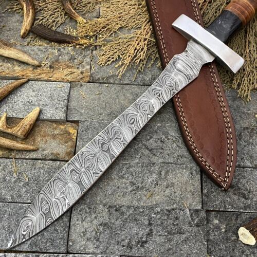 Massive 20 Inch Handmade Damascus Steel Bowie Knife with Wood Handle and Sheath