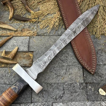 Massive 20 Inch Handmade Damascus Steel Bowie Knife with Wood Handle and Sheath