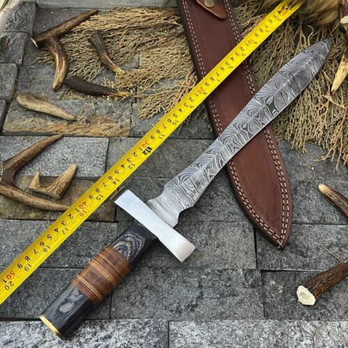 Massive 20 Inch Handmade Damascus Steel Bowie Knife with Wood Handle and Sheath