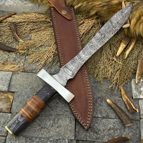 Massive 20 Inch Handmade Damascus Steel Bowie Knife with Wood Handle and Sheath