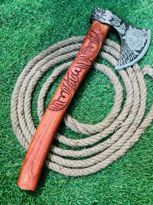 23 Inch Hand Forged Carbon Steel Viking Tomahawk with Wooden Handle and Leather Sheath