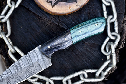 Twist Damascus Skinner Knife – Hardwood Handle with Wooden Bolster & Leather Sheath