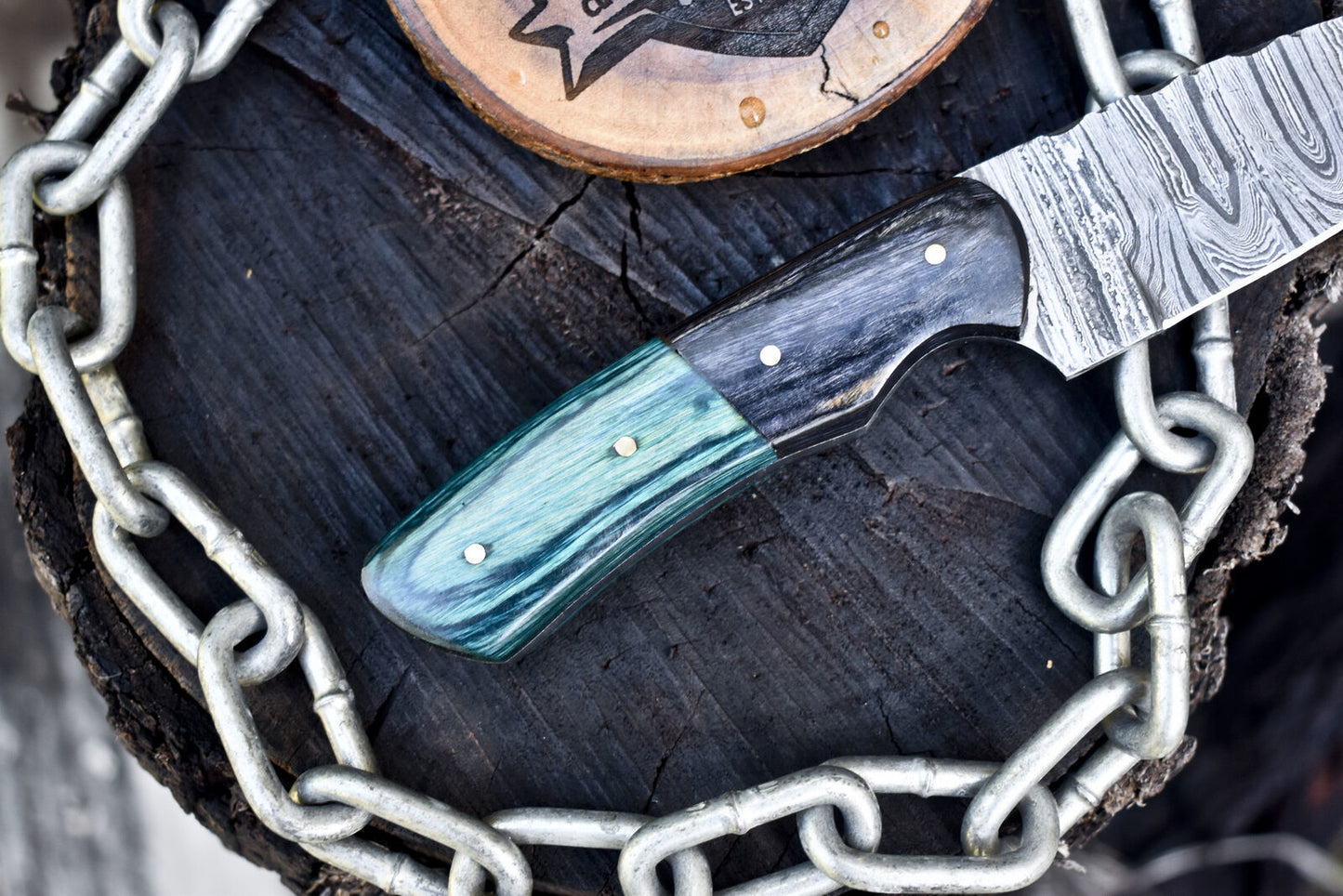 Twist Damascus Skinner Knife – Hardwood Handle with Wooden Bolster & Leather Sheath
