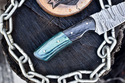 Twist Damascus Skinner Knife – Hardwood Handle with Wooden Bolster & Leather Sheath