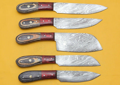 Handmade Damascus Kitchen Chef Knife Set with Pakka Wood Handle