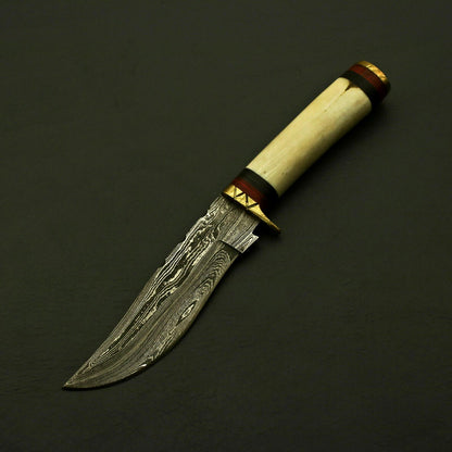 Handmade Damascus Steel Hunting Tracker Knife – 10" Fixed Blade with Stag Antler & Pakka Wood Handle + Leather Sheath